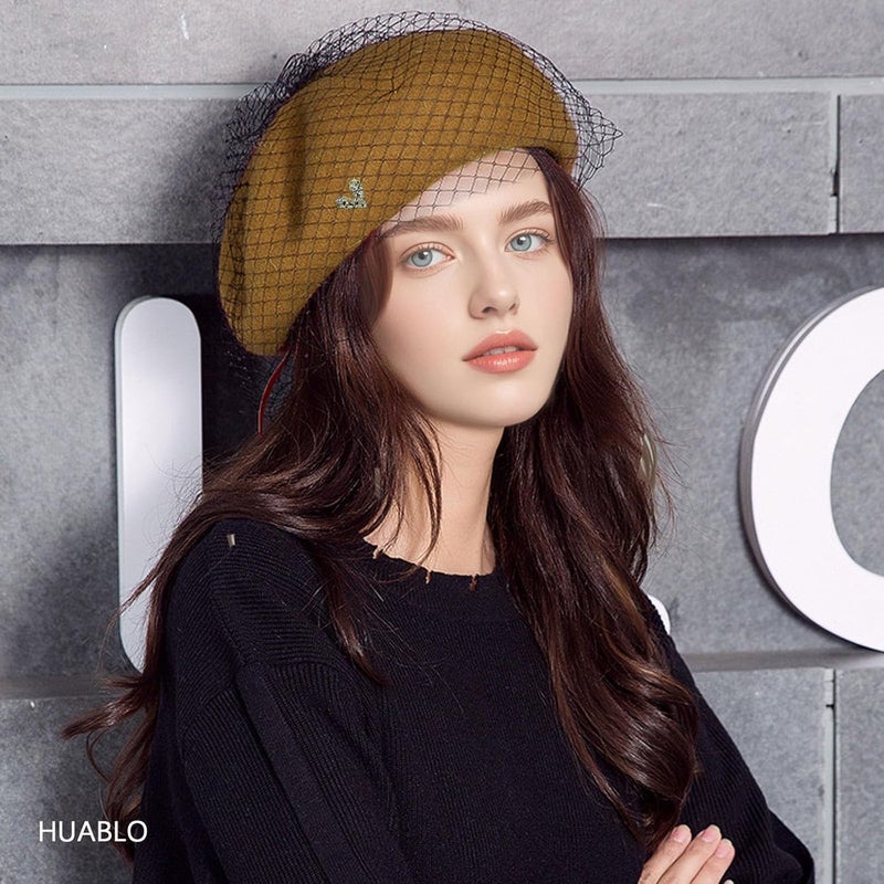 huablo French Berets Hat with Veil Premium Cashmere Beret Elegant Church Wool Hat for Women Solid Artist Hat - Image 2